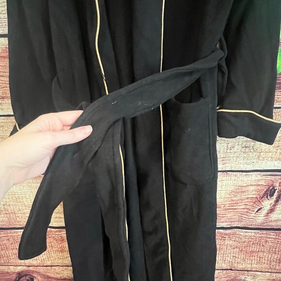 Ralph Lauren Long Sleeve Fleece Monogram Collar Robe Womens Large Belt Tie Black - Picture 6 of 8
